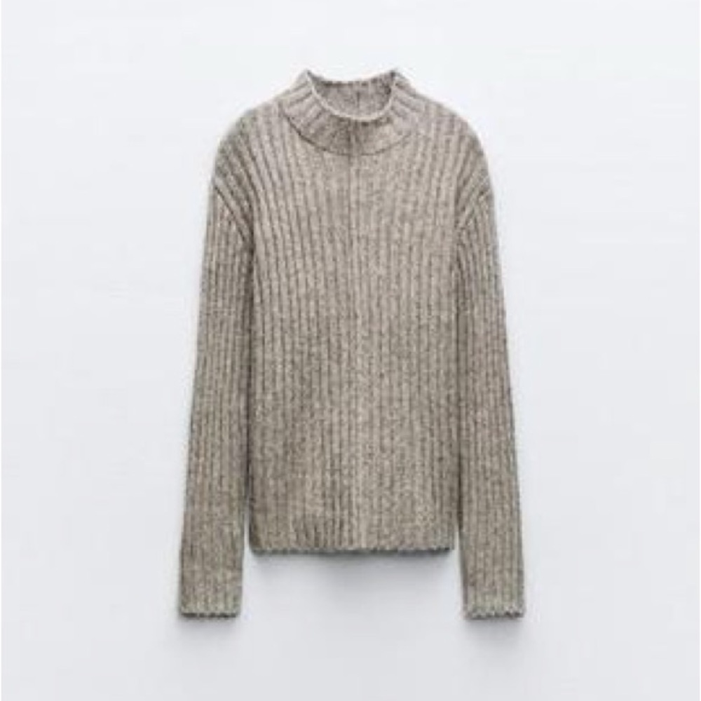 New Zara Grey merle Ribbed Knit Sweater With Central Seam